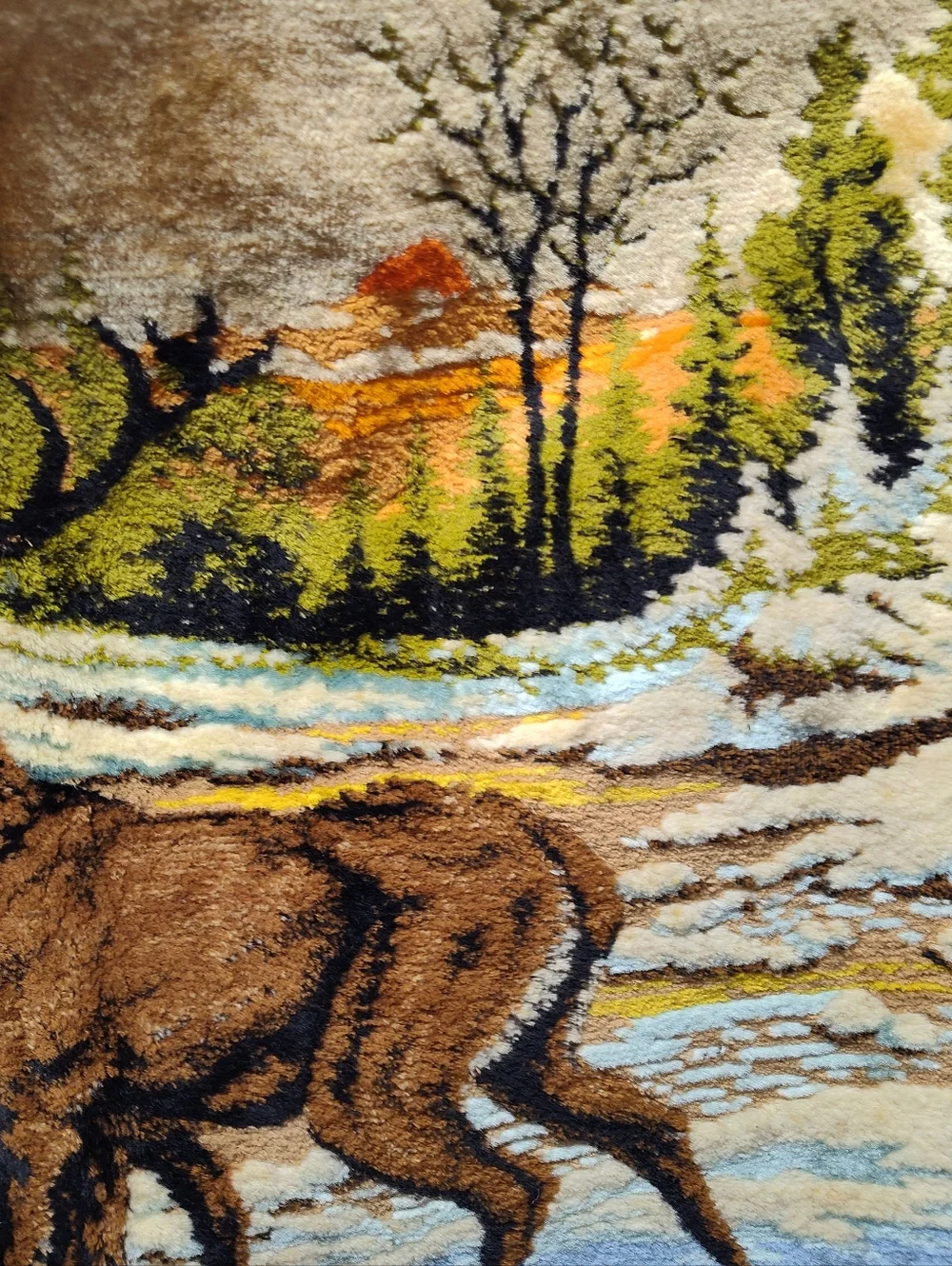 Deer Woodland Tapestry Panel - Brown, Green, Cream Made In Italy